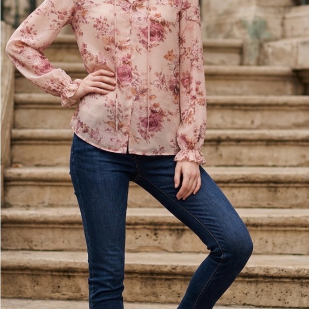 Worthington Floral Chiffon Blouse - Pink and Tan - Picture 3 of 4